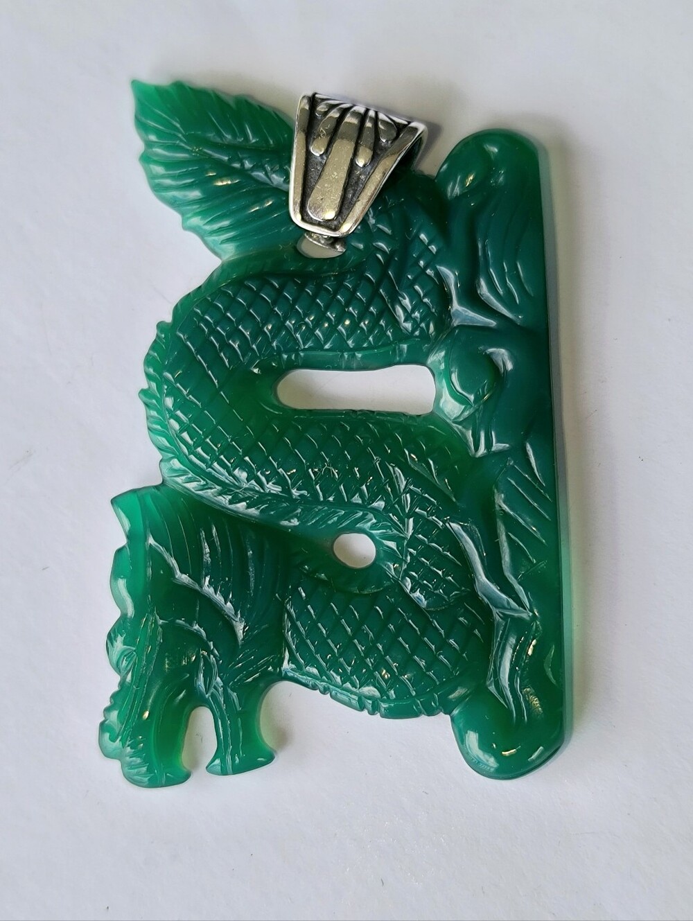Gorgeous HUGE Carved Green Chalcedony Dragon Pendant Necklace